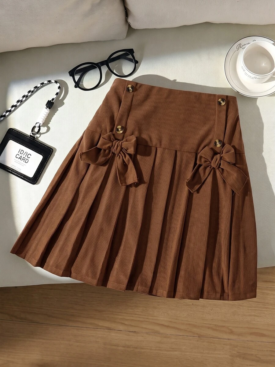 Tween Girls Brown Pleated Mini Skirt, Bow Button Decor A-Line Skirt, Sweet Preppy Style For Autumn - Rust Brown - View 1