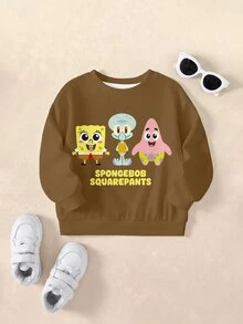 SpongeBob SquarePants | SHEIN بلوزة رياضية كاجوال بأكمام طويلة وياقة دائرية مطبوعة برسومات كرتونية للأولاد الرضع - أبيض - مشاهدة 1