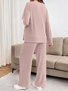 SHEIN 孕婦純色圓領長袖T恤與可調節腰圍長褲休閒兩件套 - 粉色 - 查看 2