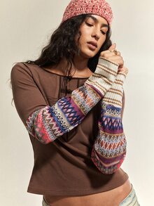 SHEIN Women's Spring/Autumn Soft Solid Color Patchwork Printed Sleeve Fitted Daily Bohemian Style Long Sleeve Top - Coffee Brown - View 3