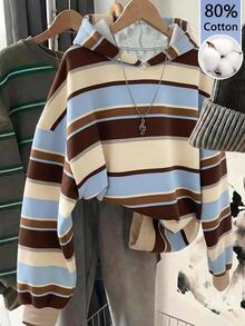 SHEIN EZwear Women's Colorblock Casual Daily Wear Hooded Sweatshirt - Multicolor - View 1