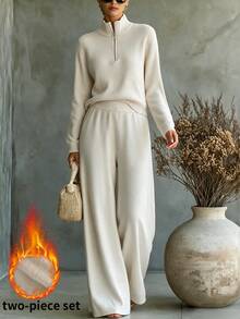 SHEIN Autumn Winter Simple Matching Knit Outfit, Half Zip High Neck Vertical Rib Slim Long Sleeve Pullover - Apricot - View 3