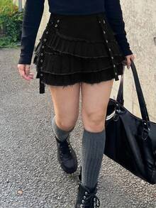 Dazy Plus Pleated Patchwork Design Korean Style Girl Hot Girl Mini Denim Skirt - Black - View 3