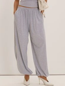 MUSEYN Grey Marl Jersey Loose Fit Cuffed Pants Basics Versatile Everyday Casual Fall - Light Grey - View 2
