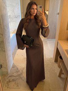 Aloruh 女款優雅收腰繫帶條紋洋裝，百搭條紋秋冬洋裝 - 棕色 - 查看 3