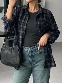 Dazy Plus Loose Plaid Street Casual Preppy Style Thickened Shirt, Spring/Autumn New Arrival - Navy Blue - View 6