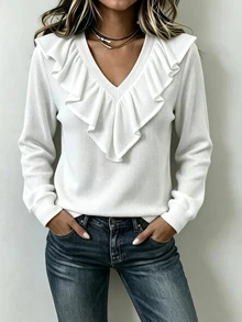 LUMIGAL Blus Lengan Panjang Wanita Model V-Neck dengan Desain Ruffle dan Tekstur Waffle untuk Musim Gugur/Dingin - Putih - View 5