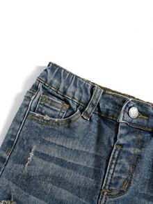 SHEIN 兒童小男孩休閒百搭水洗磨損牛仔長褲，附口袋 - 深色水洗藍 - 查看 4
