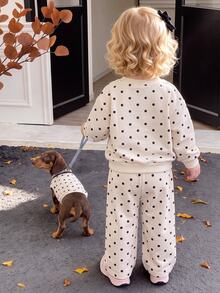 SHEIN Girls Polka Dot Set Spring/Autumn New Korean Style Bowknot Round Neck Sweatshirt Wide Leg Pants 2 Pieces Outfit - White - View 5