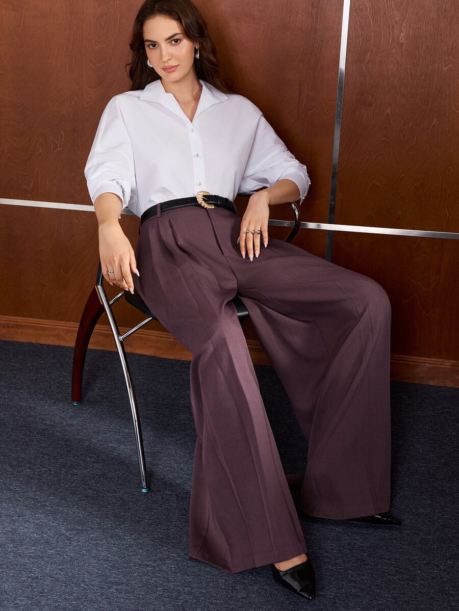 Anewsta Women's Spring/Autumn Elegant Commute Suit Fabric Multi-Pleated Wide Leg Gray Purple Suit Pants - Purple - View 1