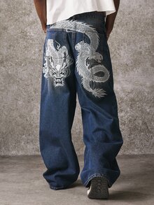 ROMWE MEN Street Life Men's Casual Everyday Travel Denim Jeans With Pocket, Button And Dragon Pattern - Blue - View 4