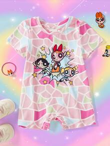 THE POWERPUFF GIRLS X SHEIN Bộ romper bé gái cổ tròn tay ngắn phong cách thường ngày - trắng - Xem 1