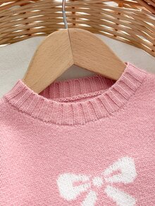 SHEIN Baby Girl Cute Bow Pattern Pink Knit Romper, Suitable For Autumn/Winter - Pink - View 3