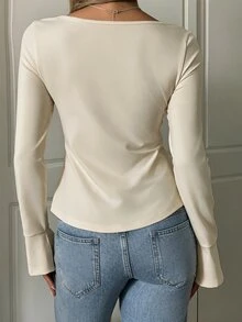 SHEIN EZwear 女款素色百褶休閒百搭日常長袖T恤 - 杏色 - 查看 2