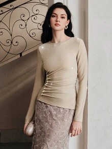 Anewsta Essential Spring/Autumn New Standard Size Women's Top, Elegant Champagne Apricot Shiny Fabric Round Neck Long Sleeve Top, Side Button Ruched Cinched Waist Commuter Inner Layer Versatile Base Layer - Gold - View 4