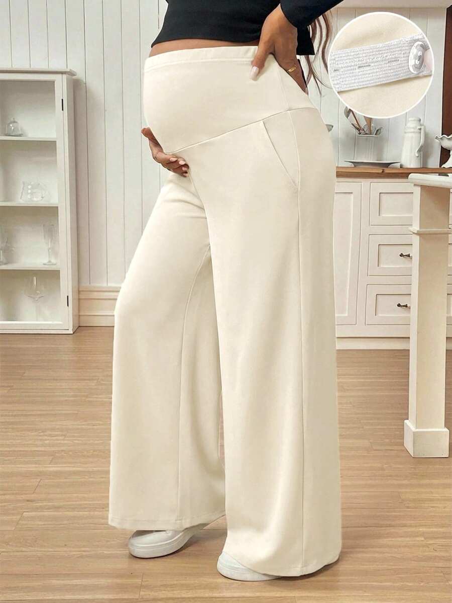 SHEIN Maternity Solid Color Adjustable Waist Casual Daily Long Pants - Apricot - View 1