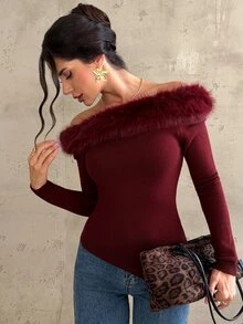 Firerie Sweater Pullover Kerah Bulu Wanita Biasa - Coffee Brown - View 4