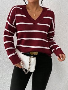 SHEIN Frenchy V領條紋落肩針織毛衣，秋冬休閒聖誕風酒紅色/波爾多紅 - 酒紅色 - 查看 4