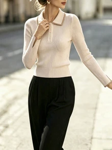 SHEIN Women's Colorblock Casual Versatile Daily Wear Long Sleeve Sweater - Apricot - View 4