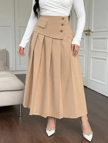 Dazy Plus Autumn/Summer New High Waist Single-Breasted Decorative Pleated Solid Color Loose A-Line Mid-Length Skirt Brunch Office Elegant Business Casual - Khaki - View 5