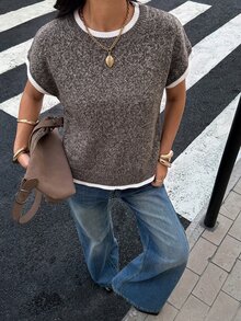 Siren Gaze 女款時尚休閒法式極簡對比飾邊圓領蝙蝠袖針織上衣，學院風，適合教師節、早午餐、早餐、夏季穿著 - 摩卡棕 - 查看 4