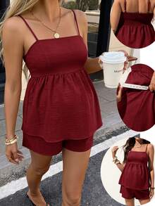SHEIN Women's Casual Vacation Solid Color Ruffle Collar Cardigan And Shorts Maternity Set, Spring/Summer - Burgundy - View 11