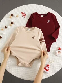 SHEIN 男嬰秋冬加厚保暖內裡純色針織柔軟半高領長袖連身衣 2件套 百搭舒適聖誕禮物 - 彩色 - 查看 1