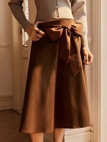 SHEIN 秋冬休閒棕色綁帶女款裙子，適合日常穿著、度假穿著、街頭風、通勤穿著 - 棕色 - 查看 3