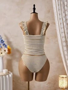 Swim Mod Spring/Summer 2 Pieces Women's Beachwear Set, Fashionable Cute Sexy Vacation Seaside Swimming Pool Party Solid Color Textured Fabric Ruffle Tank Top And Bikini Bottoms Set - Multicolor - View 2