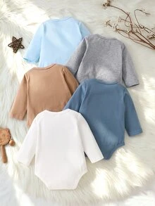 SHEIN 5件組新生兒休閒可愛簡約純色棉質長袖三角連身衣，適合日常穿著、外出與拍照，適用0-9個月嬰兒 - 彩色 - 查看 2