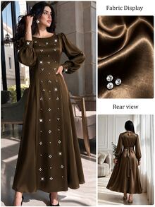 Yasmyna Women Spring Fall Winter Elegant Slim Fit Modest Dark Brown Satin Round Neck Beaded Rhinestone Long Sleeve Fitted Waist Flowy MaxiDressForBanquetParty - Coffee Brown - View 9