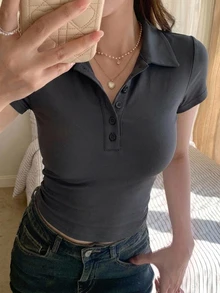 DAZY 女款領口短袖修身性感休閒套頭街頭風T恤 - 深灰色 - 查看 5