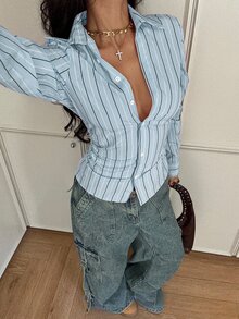 StreetHx 女款條紋單排扣休閒修身襯衫 - 淺藍色 - 查看 1