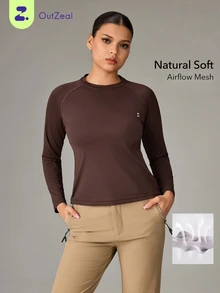 OutZeal Women Sports Tee Gym Daily Casual Soft Stretch Mesh Panel Long Sleeve Active Tops - Brown - View 1