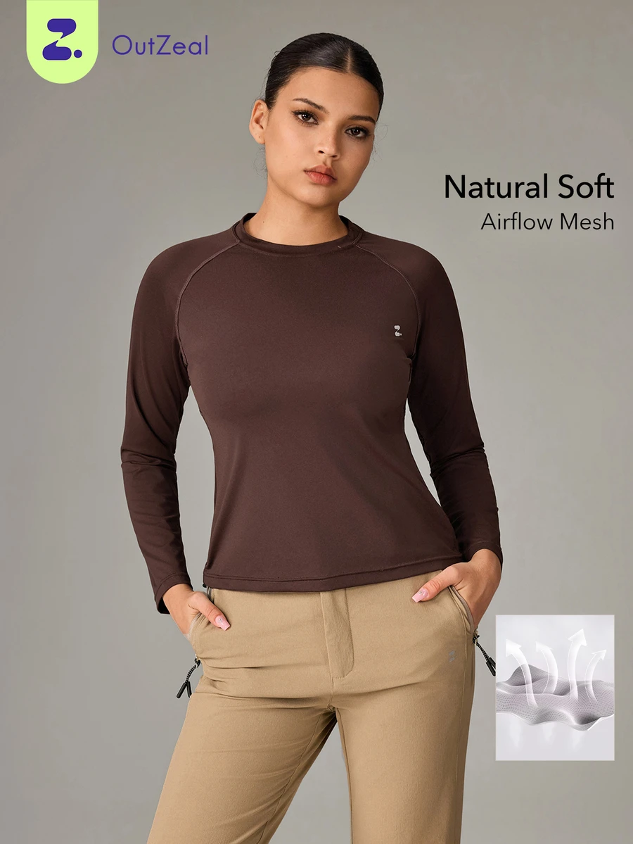 OutZeal Women Sports Tee Gym Daily Casual Soft Stretch Mesh Panel Long Sleeve Active Tops - Brown - View 1