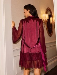 Slumberist Women's Sexy Lace Patchwork Backless Cami Nightgown And Robe Set - Maroon - View 2