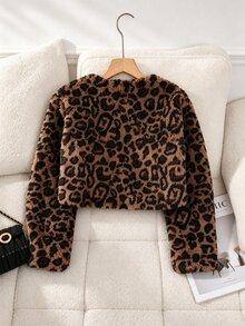SHEIN Casuvi Kids 1件女童柔軟毛絨外套，優雅高貴長袖短版修身連帽外套，適合秋冬穿著 - 彩色 - 查看 2