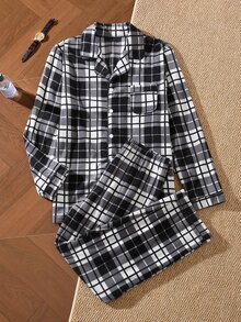 EverLounge Men's Autumn/Winter Flannel Plaid Loungewear Set, Lapel Cardigan Button Long Sleeve Pants Loose Fit Pajama 2 Pieces Set, Suitable For Outdoor Wear - Grey - View 1