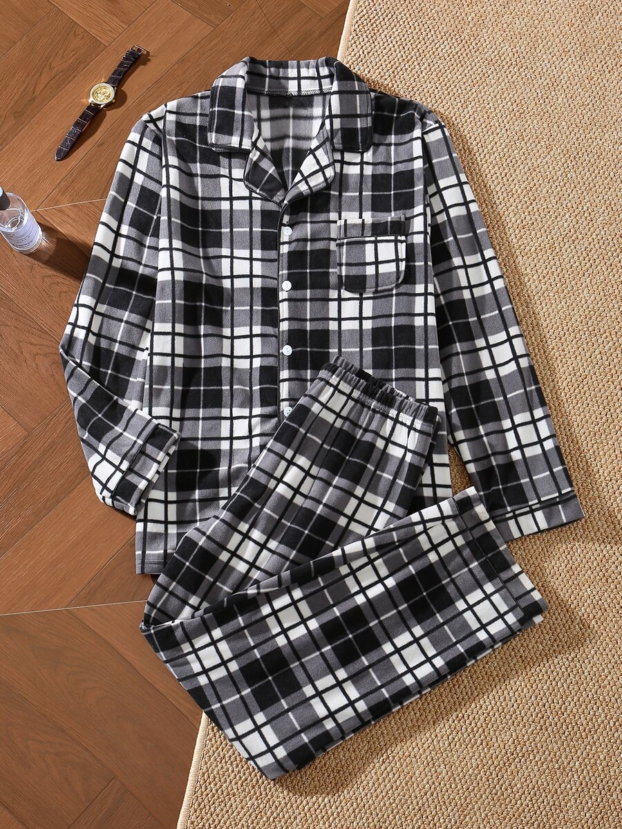 EverLounge Men's Autumn/Winter Flannel Plaid Loungewear Set, Lapel Cardigan Button Long Sleeve Pants Loose Fit Pajama 2 Pieces Set, Suitable For Outdoor Wear - Grey - View 1