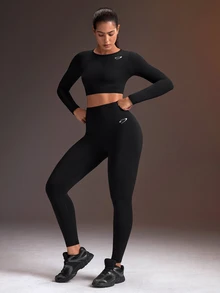 Powerista Women's Minimalist Long Sleeve Top And Fitted Leggings Sports Set - Black - View 3
