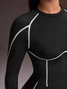 Powerista Women's Contrast Stitching Raglan Long Sleeve T-Shirt And Shorts Sports Set - Black - View 6