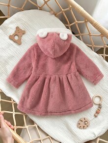 SHEIN 1件女嬰毛絨外套 可愛甜美公主風 粉色 3D熊耳朵 壓褶下擺 毛絨長袖連帽加厚款 冬季秋季節日波爾多紅 - 粉色 - 查看 2