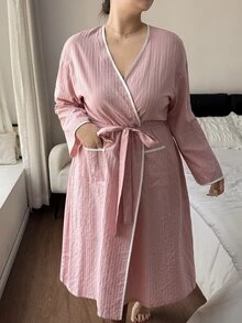 Napfluff CURVE Napfluff CURVE Minimalist Contrast Trim Tie Waist Plus Size Double Pocket Women's Robe - Pink - View 10