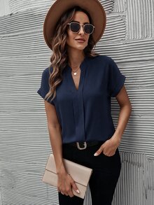 SHEIN Clasi 純色V領休閒寬鬆短袖上衣，適合日常穿著，夏季百搭上衣 - 藏蓝色 - 查看 3