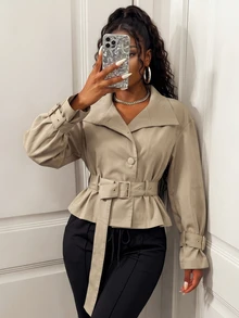 BamGleam Women's Solid Color Long Sleeve Single-Breasted Casual Trench Coat Jacket - Khaki - View 5