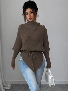 Breezaya Women's Batwing Sleeve Asymmetrical Tie Cape Knit Sweater - Brown - View 5