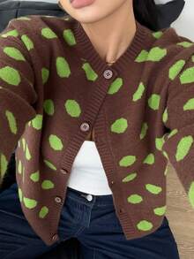 Flirla Plus Size Women's Polka Dot Pattern Long Sleeve Single-Breasted Knit Cardigan Winter - Multicolor - View 5
