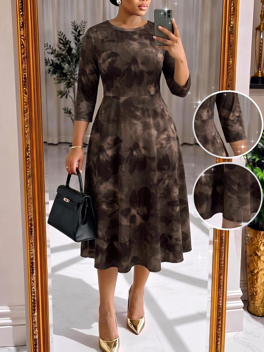 SHEIN Lady CURVE 大尺碼優雅傳統通勤復古花卉圖案洋裝-適用於教師節、正式辦公室與雞尾酒會(棕色花卉秋冬風) - 彩色 - 查看 1