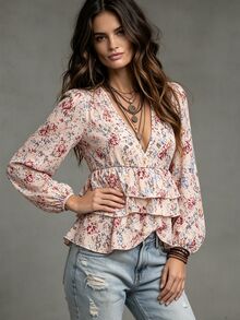 SHEIN Women's Printed Multi-Layer Ruffle Hem Lantern Sleeve Casual Vacation Style Blouse - Apricot - View 4