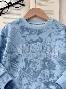 Boys' Autumn/Winter Long Sleeve Cuffed Pants 2 Pieces Set & Crew Neck Top With BOSTON 3D Embossed Lettering And Matching Tapered Pants With Subtle Pattern, Creating A Perfect Coordinated Look & A Low-Key Outdoor Casual Outfit For Boys - Multicolor - View 4